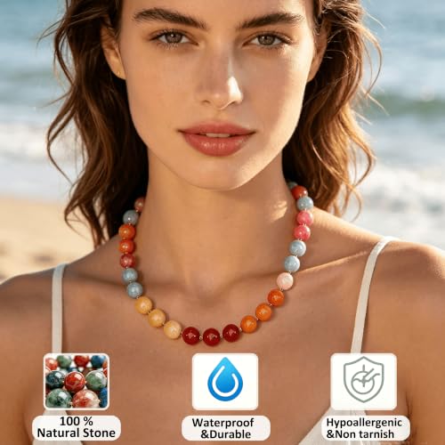 Image of GINAZL Natural Stone Beaded Choker Necklace for Women, Chunky Multicolor Gemstone Handmade Necklace, Boho 12MM Bead Summer Beach Jewelry Gifts for Women
