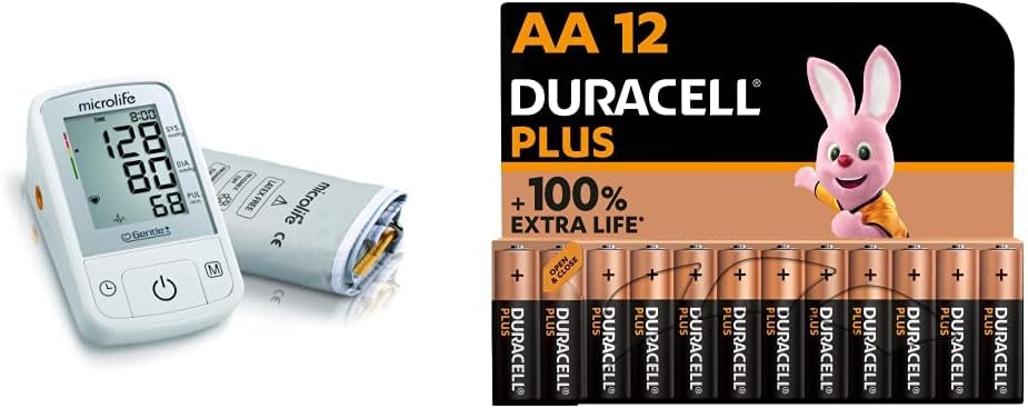 Microlife BPA2-B Microlife A2 Basic Portable Automatic Upper Arm Blood Pressure & Pulse Monitor & Duracell Plus AA Alkaline Batteries [Pack of 12], 1,5V LR6 MN1500