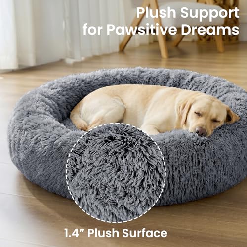 Image of JOLLYVOGUE Calming Dog Beds Extra Large Sized Dog, 45in Donut Washable Large Pet Bed, Anti-Slip & Anti-Anxiety Fluffy Faux Fur Round Dogs Bed, Fits up to 125 lbs Pets (Smoke Black)