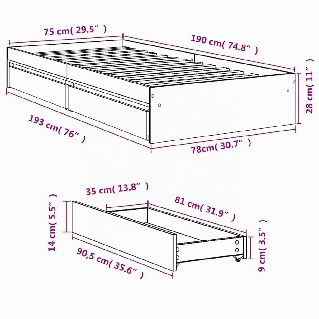 vidaXL Giroletto con Cassetti Bianco 75x190 cm in Legno Multistrato