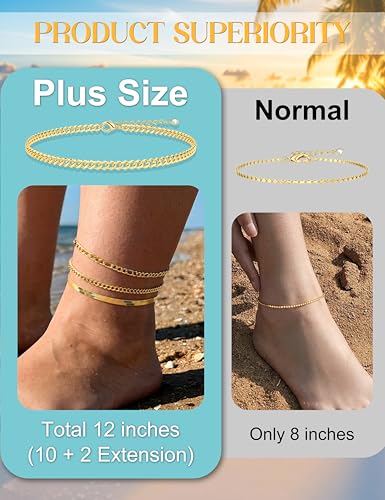 Image of Besteel Ankle Bracelets for Women Waterproof - 14K Gold Plated Non Tarnish Layered Cuban Link Chain Rope Figaro Herringbone Anklets Set Plus Size Anklet Summer Foot Jewelry Gift Adjustable 8-12 Inch