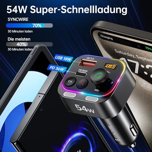 Syncwire Bluetooth 5.4 FM Transmitter Auto Ladegerät 54W PD&QC3.0 USB C Auto Adapter...