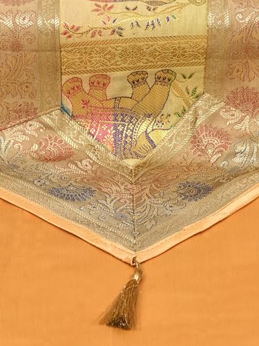 Image of Banarasi Brocade Zari Silk Table Runner Dinning & Centre Table Runner 177 By 30 CM (Beige, Elephant)