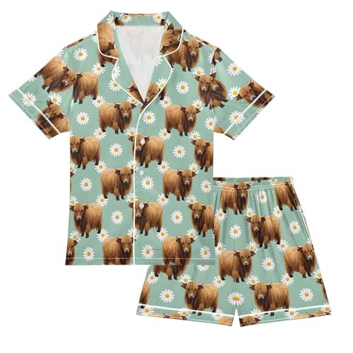 Cow Daisy Flowers Pattern Summer Satin Pajama Set, Cute Button-Down Sleepwear Pj Set for Sleep Wears