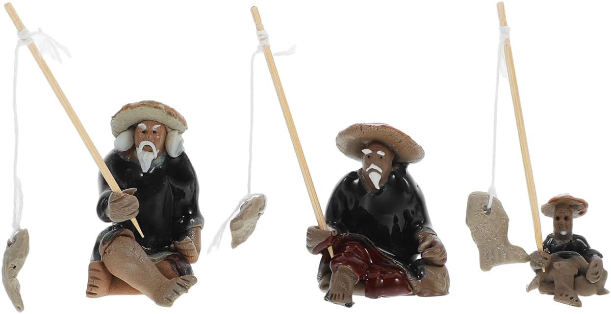 doitool 3pcs mini fisherman figurines ceramics chinese sitting fishing garden statue ornament for fish tank micro landscape bonsai fairy garden decorations (3pcs)