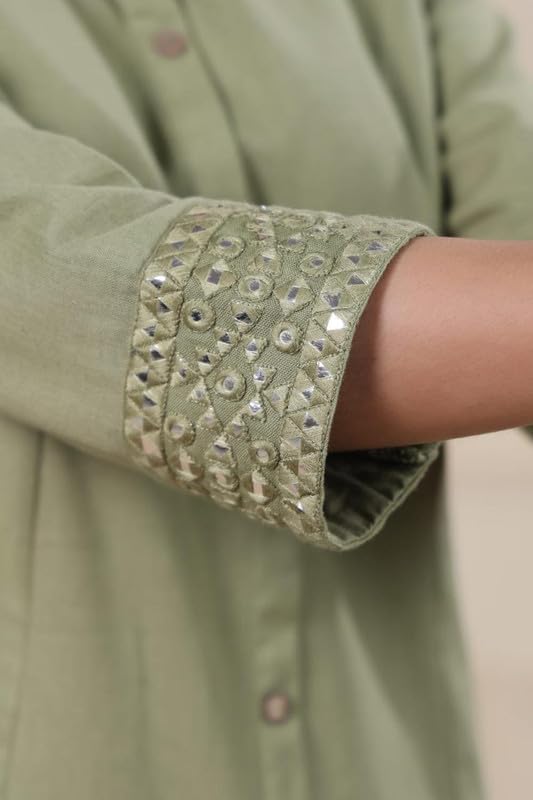 Image of Solid A-Line Mirror Work Cotton Kurta Pant Set for Women