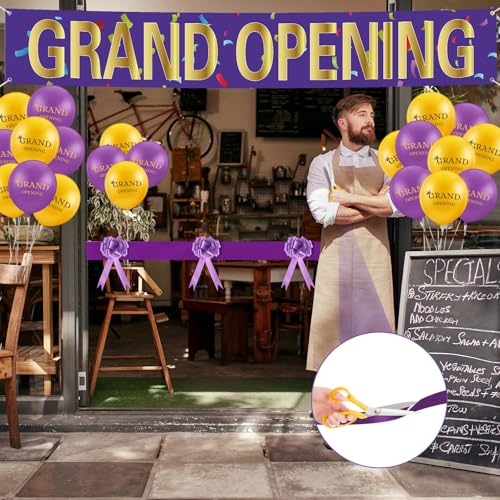 Image of Mixweer Grand Opening Ribbon Cutting Ceremony Kit Grand Opening Banner Decorations with 10'' Scissors 40 Pcs Balloons Satin Ribbon Bows and More Supplies for Business Events (Purple Gold)