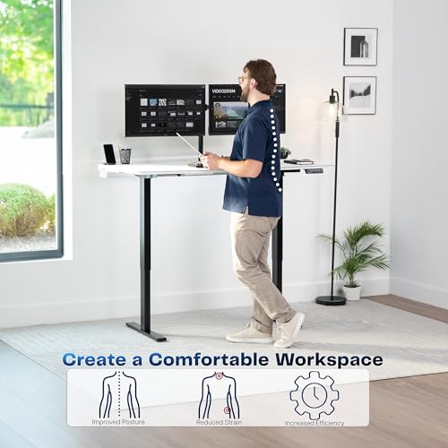 Image of VIVO White 60 x 30 in Stand Up Desk, DESK-KIT-1B6-P3W | Electric, Holds 220 lbs, Sit Stand, Height Adjustable Table, Cable Tray, Full-Size Mouse Pad, Office Furniture, Black Frame