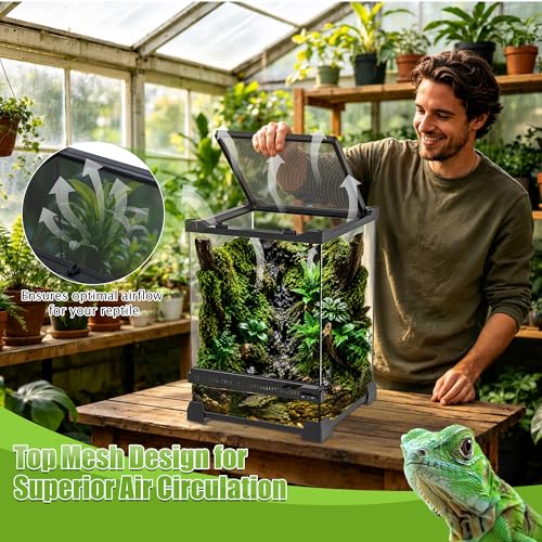 Image of Vertical Glass Reptile Enclosure Terrarium, 10 inch x 10 inch x 14 inch | 6 Gallon Fully Assembly & Front Opening Habitat Tank for Crested Geckos, Tree Frogs & Small Arboreal Reptiles