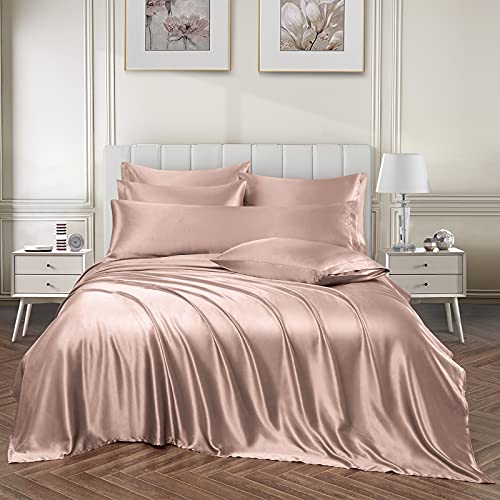 Image of Ersmak 7 Pieces Satin Sheets Set Queen Size, Luxury Silky Champagne Satin Bed Sheets Set with 1 Deep Pocket Fitted Sheet, 1 Soft Flat Sheet, 4 Queen Pillowcases and 1 Body Pillowcase