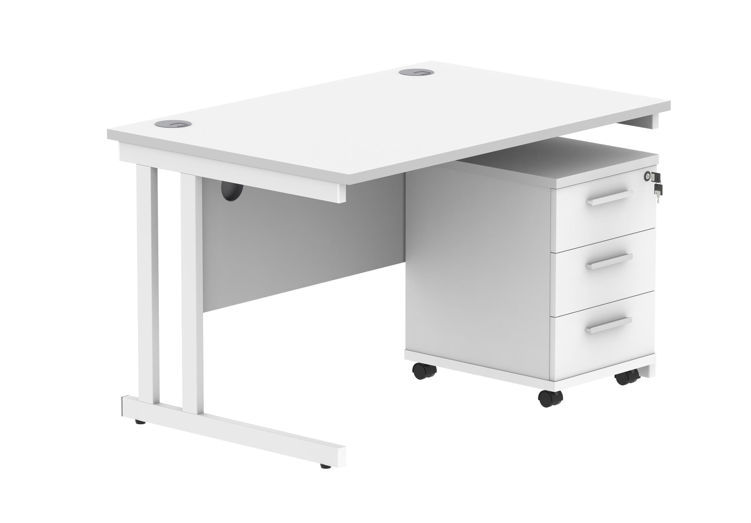 Office Hippo Heavy Duty Rectangular PC Office Desk with Storage, 3 Drawer Mobile Pedestal, White Frame, Arctic White Top, 120 x 80 x 73 cm
