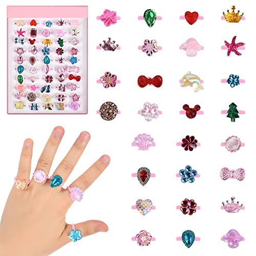 Osdue 50 Pcs Little Girl Jewel Rings In Box, Adjustable Kids Play Ring, Girl Pretend Play And Dress Up Rings For 3-12 Year Old Girl Birthday/Holiday Gifts (Crown/Butterfly/Diamond Ring) #TOP1