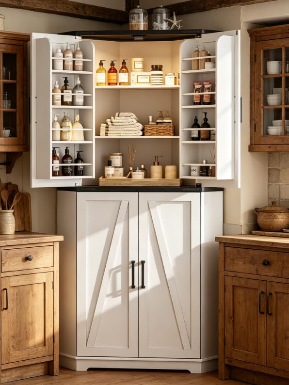 Image of Dripex 71 inch White Corner Pantry Cabinet, Farmhouse Tall Storage Cabinet with Doors, Adjustable Shelves & LED Light, Kitchen Food Cabinet for Living /Dining Room