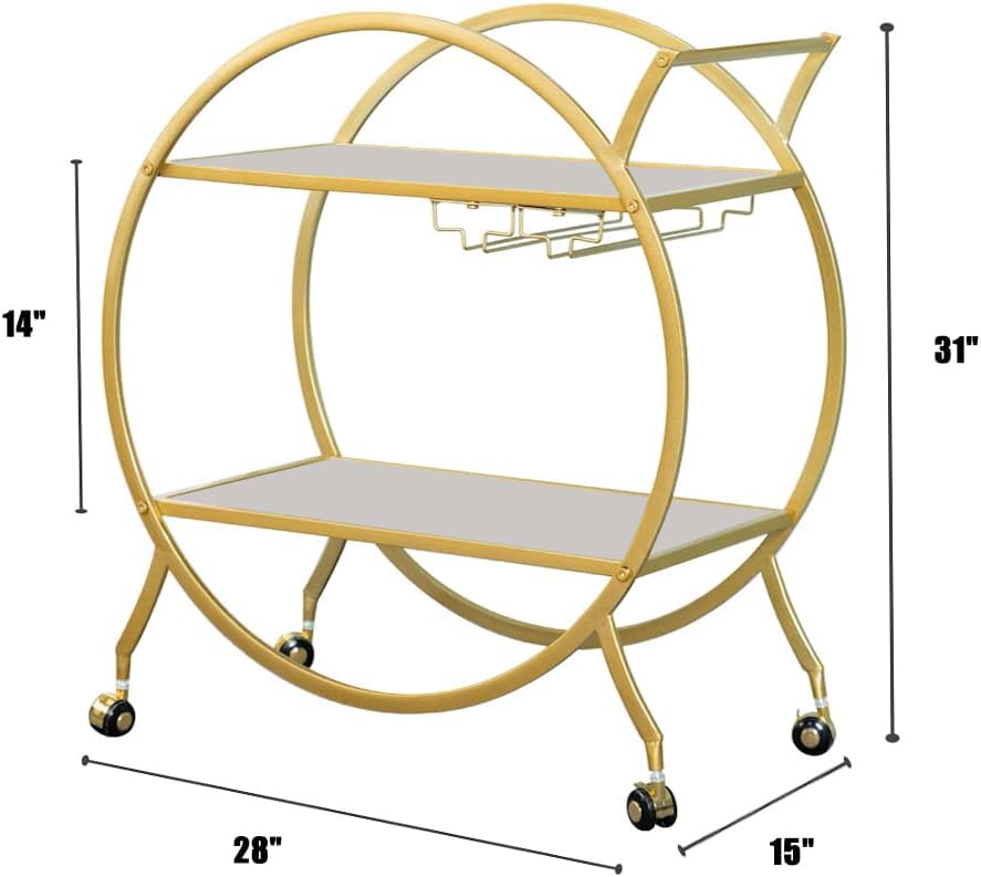 Image of Dcor Serving Trolley with 2 Metal Handles, Modern Wine Cart on Wheels, Round Mobile Trolley with 2 Tier Shelves for Kitchen Decoration, Liqueur, Cocktail (1)