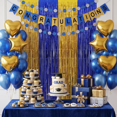Image of TONIFUL Blue Gold Foil Fringe Curtains 2 Packs 3.3 x 6.6 ft Metallic Tinsel Streamers Backdrop for Birthday Graduation Engagement Retirement Sports Party Baby Shower 50th Anniversary Decorations