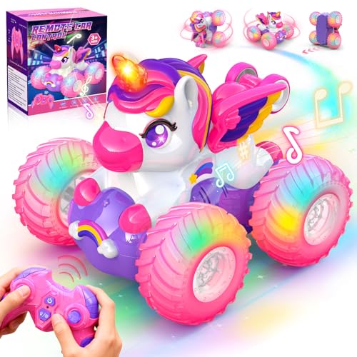 HappyGoLucky Remote Control Cars Unicorn Gifts for Girls 3-8 year Old Toys for 3-8 year Old Girls Birthday Presents Rc Stunt Car With Light & 360 Upright Rotating Outdoor Toys Garden Games