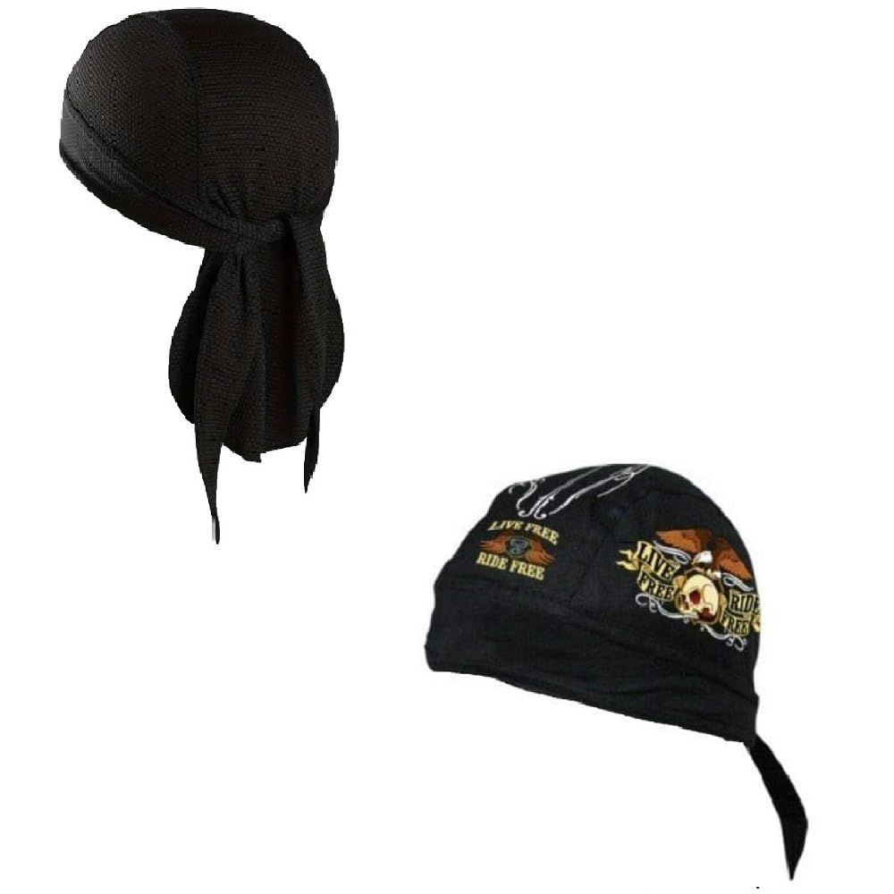 Headwrap Durag Doo Rag Skull Cap Lot or Set of 2 Live Free Ride Free Skull with Sweatband