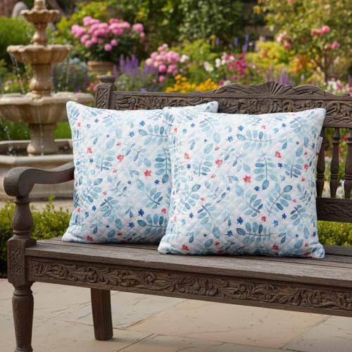 Image of STITCHNEST 'QuadraNest' Series Printed Quilted Velvet Cushion Cover 16x16 Inch Set of 2 | Premium Soft Fabric, Washable & Fade Resistant | Decorative Living Room Cushion Covers | Blue Floral