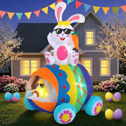Elegear 5.9FT Easter Inflatable Bunny Driving Egg Car Outdoor Decoration Lighted Bunny & Chick Blow Up Yard Decor for Lawn Garden Holiday Party & Spring Display
