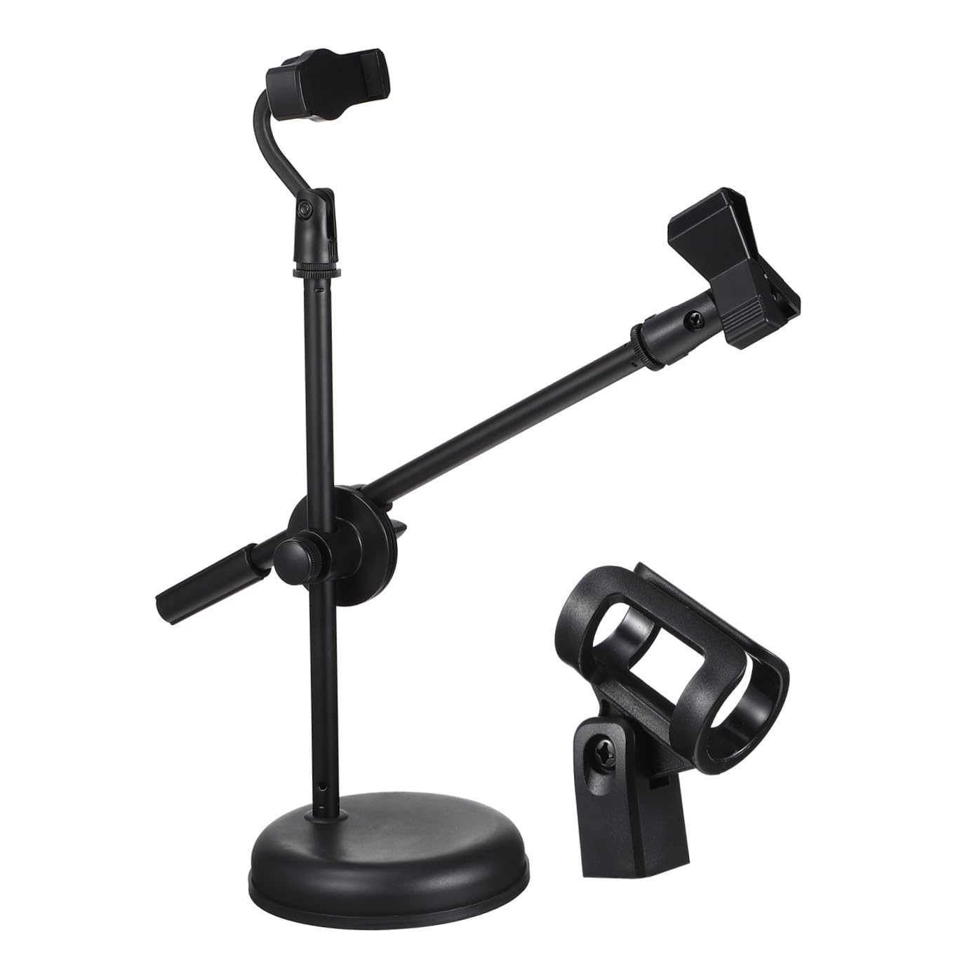 SOLUSTRE Verstellbarer Tischmikrofonständer Drehbar und Platzsparend aus Kunststoff mit Handyhalter und U-förmiger Mikrofonklammer für Desktop und Broadcast