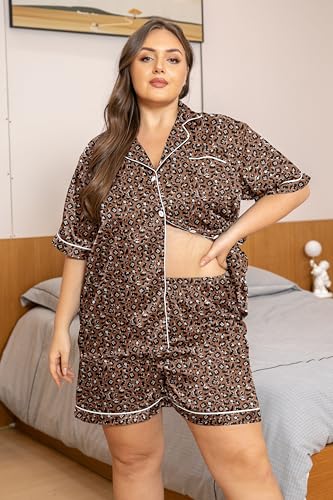 Image of Vozanet Women's Short Sleeve Satin Pajama Sets Silky Ladies Button Down Loungewear Plus Size Nighty Shorts Sets XL to 5XL