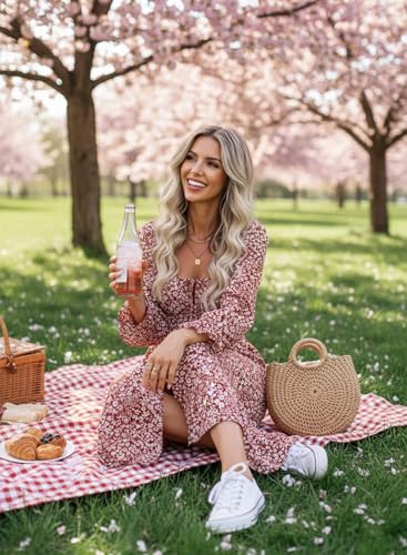 Image of BLENCOT Womens Casual Square Neck Long Sleeve Boho Floral Midi Dress Print Side Split Dresses