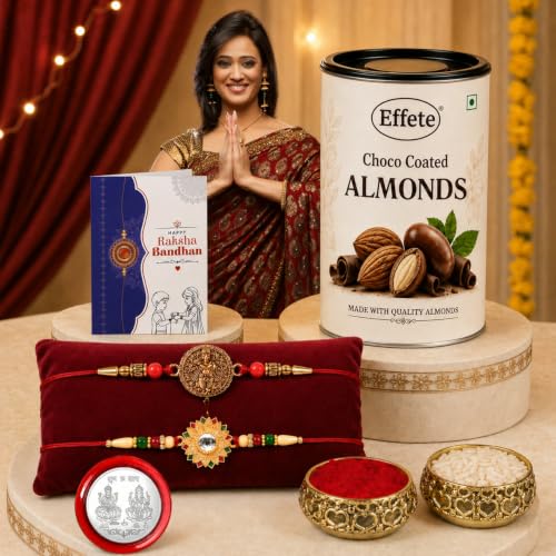 Image of DeoDap Rakhi with Chocolate for Brother - Mix Design Round Shape Rakhi 2 Pcs with Almond Chocolate 96 Gm, Tilak Set, Silver Color Coin, Greeting Card - Raksha Bandhan Combo for Bhai (K2+160+290 CA)