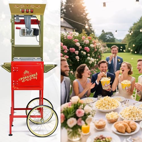 Image of Popcorn Machine with Cart & Wheels - Popcorn Maker with 14OZ Stainless Steel Kettle, popcorn popper for Home, Parties, Movie Theater, Red
