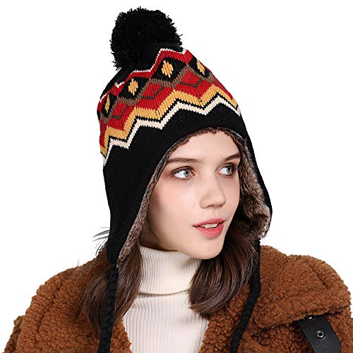 Fancet Warme Strickmütze für Damen Beanie Mütze Wolle Wintermütze gestrickte Mütze mit Pompom Schwarz Cover