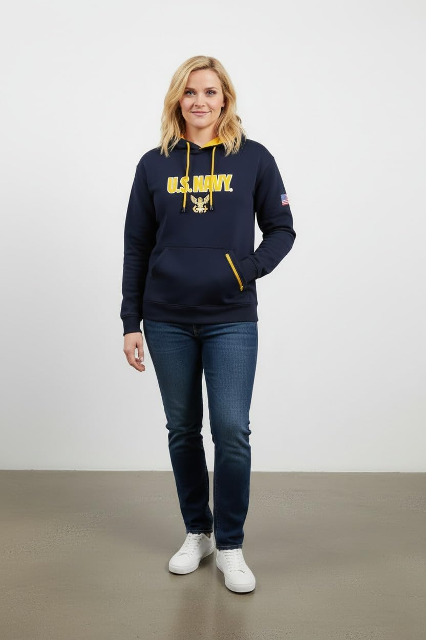 Malham Official U.S. Navy Hoodie - Embroidered Military Sweatshirt with Flag Applique, Navy, Available small to 3XL