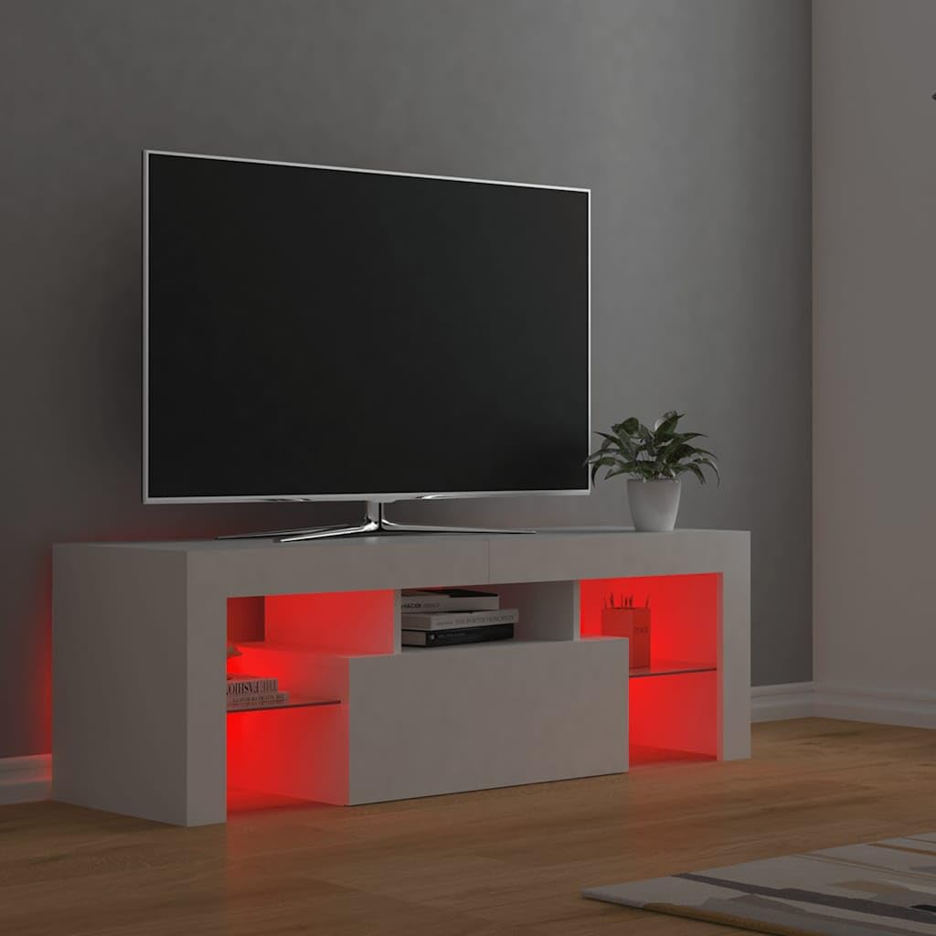Mueble de TV de Madera con Iluminación LED RGB, Diseño Moderno y Almacenamiento Abierto, Adecuado para Salón y Dormitorio, Color Blanco, 120 x 35 x 40 cm