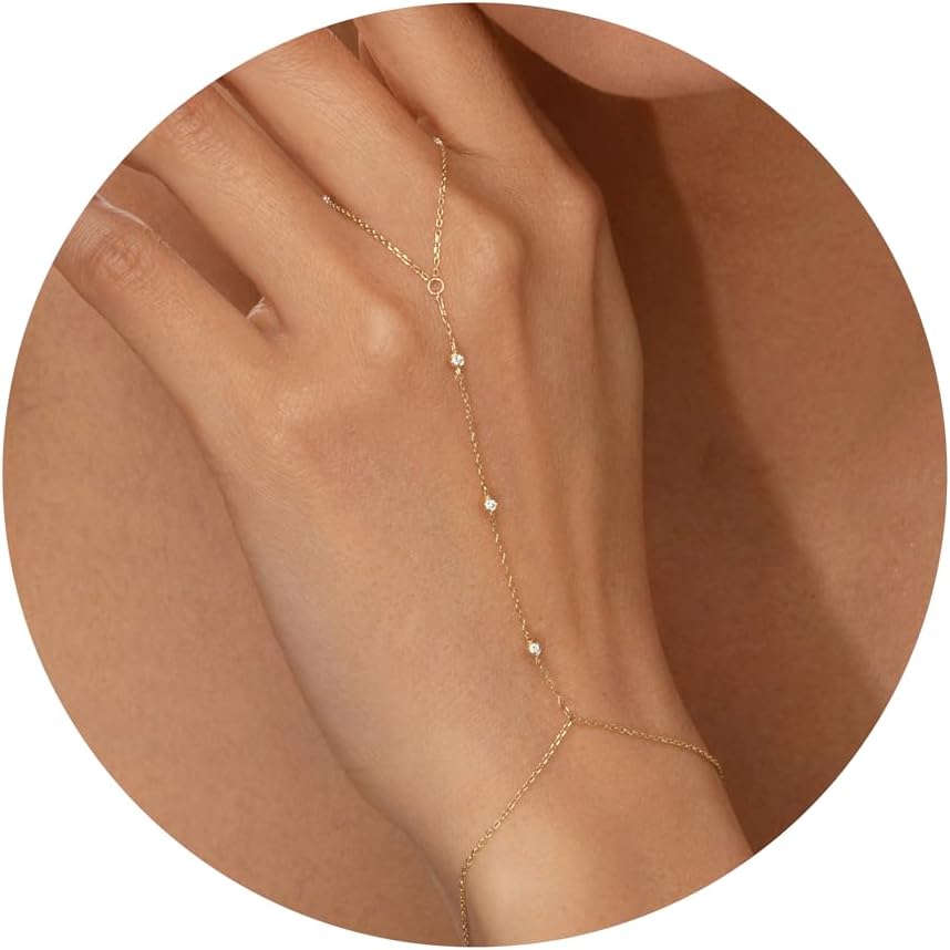 Gold Hand Chain Bracelet for Women Trendy, Dainty 14k Gold Ring Bracelet Hand Chain Finger Ring Slave Cuff Bracelet Cubic Zircon Hand Jewelry for Women Accessories