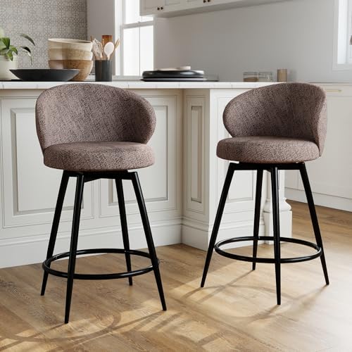 Image of Bar Stools Set of 2, 360 Swivel Breathable Fabric Kitchen Counter Height Stools, 26 inch Upholstered Bar Chair for Kitchen Islands, Restaurant, Brown