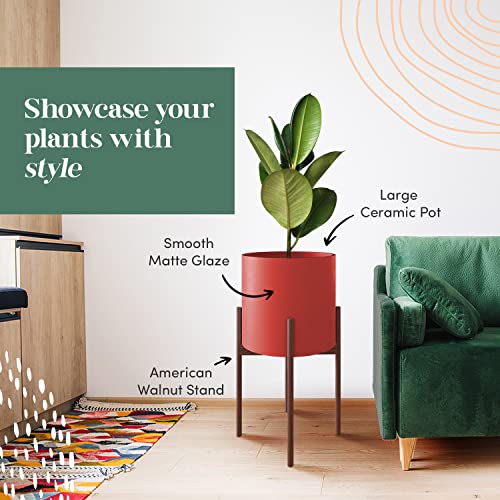 Mid Century Plant Stand With Pot Included - 10 inch Planter with Stand for Indoor Plants & Flowers - Large Ceramic Planters - Wood Legs, Modern, Tall Floor Wooden Snake Plant Pot Stand Holder - Red