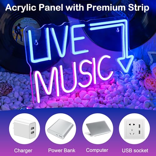 Image of Live Music Neon Sign LED Neon Sign Large Blue and Pink Words for Music Studio USB Powered Switch for Wall Decor Beer,Bar,Bedroom,Party,Club