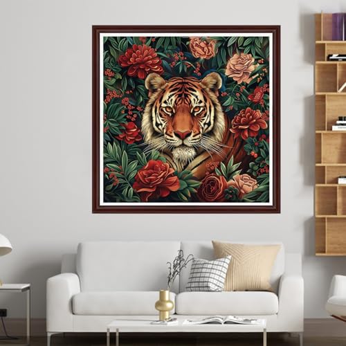 Image of Dooxvey Counted Cross Stitch Kits for Adults 11CT Printed Cross-Stitch Patterns Cross Stitching Embroidery Kit Stamped or Counted Needlepoint Kits-Tigers in Flowers 18x18 inch