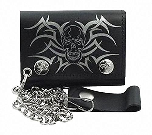 AES Pirate Skull Tribal Black Genuine Leather Wallet with Chain (4 inch)