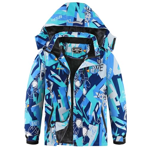 Boys Ski Jackets Waterproof Winter Coat Fleece Windproof Snowboarding Jacket with Detachable Hood (10-12 Astronaut Green)