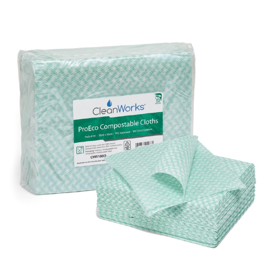 CleanWorks ProEco Compostable Cleaning Cloth Green, Fully Biodegradable, Made From Responsibily Sourced 100% Viscose Fibres, FCC approved (Pack of 50)