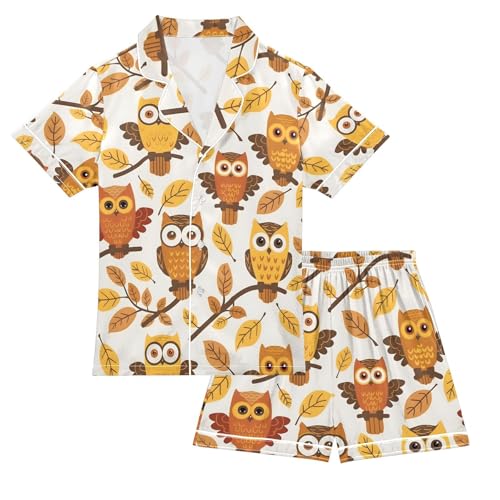 ALAZA Owl Yellow Leaves Pajamas Satin Pajama Set Short Sleeve Button Down Sleepwear