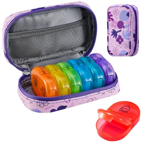 Image of Serfeymi Weekly Travel Pill Organizer 2 Times A Day AM PM Upgraded Rainbow Pill Box 7 Day with Portable Zipper PU Leather Pill Case, Medicine Organizer for Pills, Vitamins, Fish Oils - Purple 02