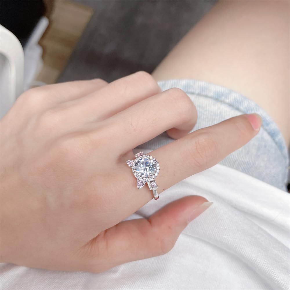 NewZenro 2 Carat Cat Solitaire Round Pink CZ 925 Sterling Silver Adjustable Finger Ring for Women Dainty Sparkly Diamond Animal Statement Band Rings Fashion Jewelry - Image 5