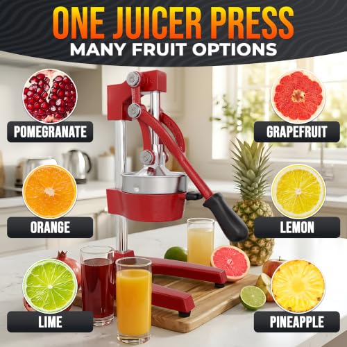 Image of Cast Iron Juicer Hand Press, Heavy-Duty Squeezer (Red) | Lever Manual Citrus Press Juicer & Orange Squeezer for Lemon, Lime & Lemonade; Steel Cone & Strainer; for Home or Bar