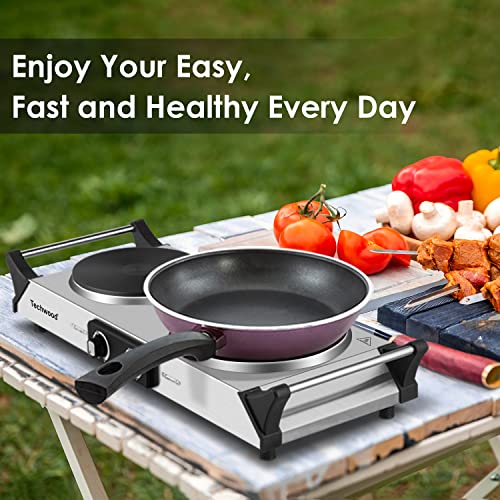 Hot Plate, Techwood Doubel Burners For Cooking, 1800W Countertop Electric Stoves With Adjustable Temperature & Stay Cool Handles, Dual Cooktop For Rv/Home/Camp, Upgraded Version Stainless Steel, Silver #TOP6