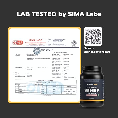 Image of Nutrabay Gold Tri Blend Whey Protein Powder - 1kg, Strawberry Milkshake | 25g Protein, 5.5g BCAA | Concentrate, Isolate, Hydrolyzed Protein | Muscle Growth & Recovery | Gym Supplement for Men & Women