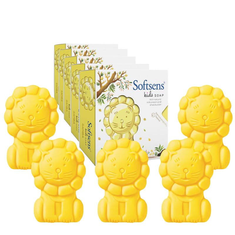 Image of Softsens Kids Soap Samba 75g each ( Pack of 5 x 75g) | Gentle Nourishing Care with Shea Butter & Natural Milk Cream, Dermatologist Tested Baby Soap, Moisturizing Animal Shape Bar Soap For Toddlers & Kids 2-10 Years