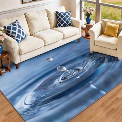 Diseño Minimalista Natural Gotas De Agua Ondas, Alfombra Lavable y Antideslizante 140 x 200 cm, Suave y Cómoda para Salón, Dormitorio o Comedor Meditadores, Azul