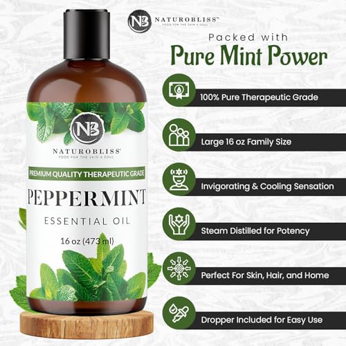 Image of NaturoBliss Peppermint Essential Oil, 100% Pure and Natural Therapeutic Grade, Premium Quality Peppermint Oil, 16 fl. Oz - Perfect for Aromatherapy and Relaxation
