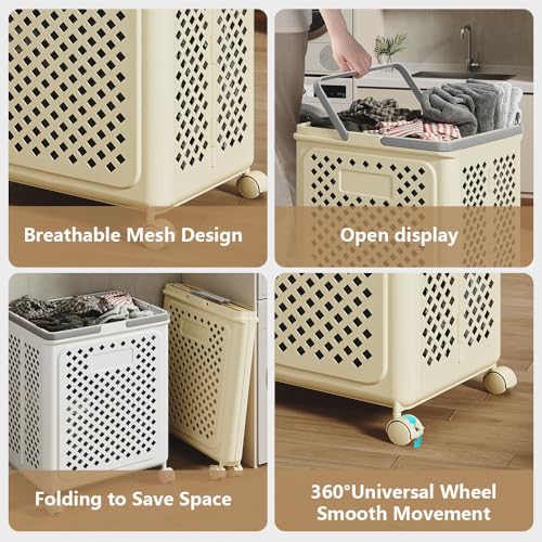 Cesta de roupa suja fina de 50 L com rodas e alças, cesto de roupas sujas dobrável estreito para ban