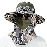 UPF 50+ Sun Fishing Hat for Men Women Wide Brim Hat with Detachable Face Cover & Neck Flap Khaki Camo
